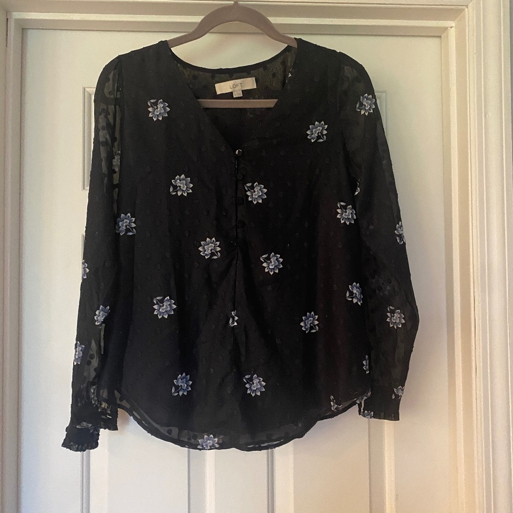LOFT XS Black Long Sleeved Blouse with Blue Flowers